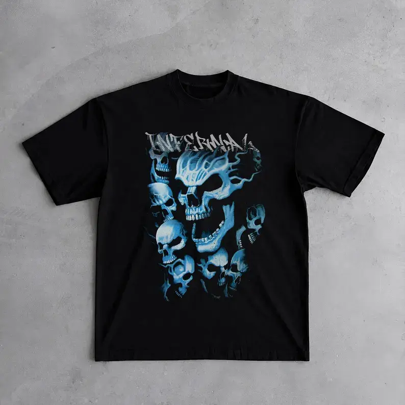 Flaming Skull Graphic T-Shirt | Blue Flame Skull Tee | Y2K Gothic Streetwear | Grunge Alternative Shirt