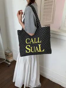 1pc  Student Party Large Capacity Tote Bag Black Wave Dot Anti Dirty Versatile Letter Printing Super Personalized Fashion Versatile Suitable for School Commuting Super Suitable Tote Bag