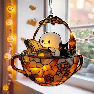 Halloween Stained Glass Ghost Ornament – Cute Tea Cup Window Suncatcher with Black Cat