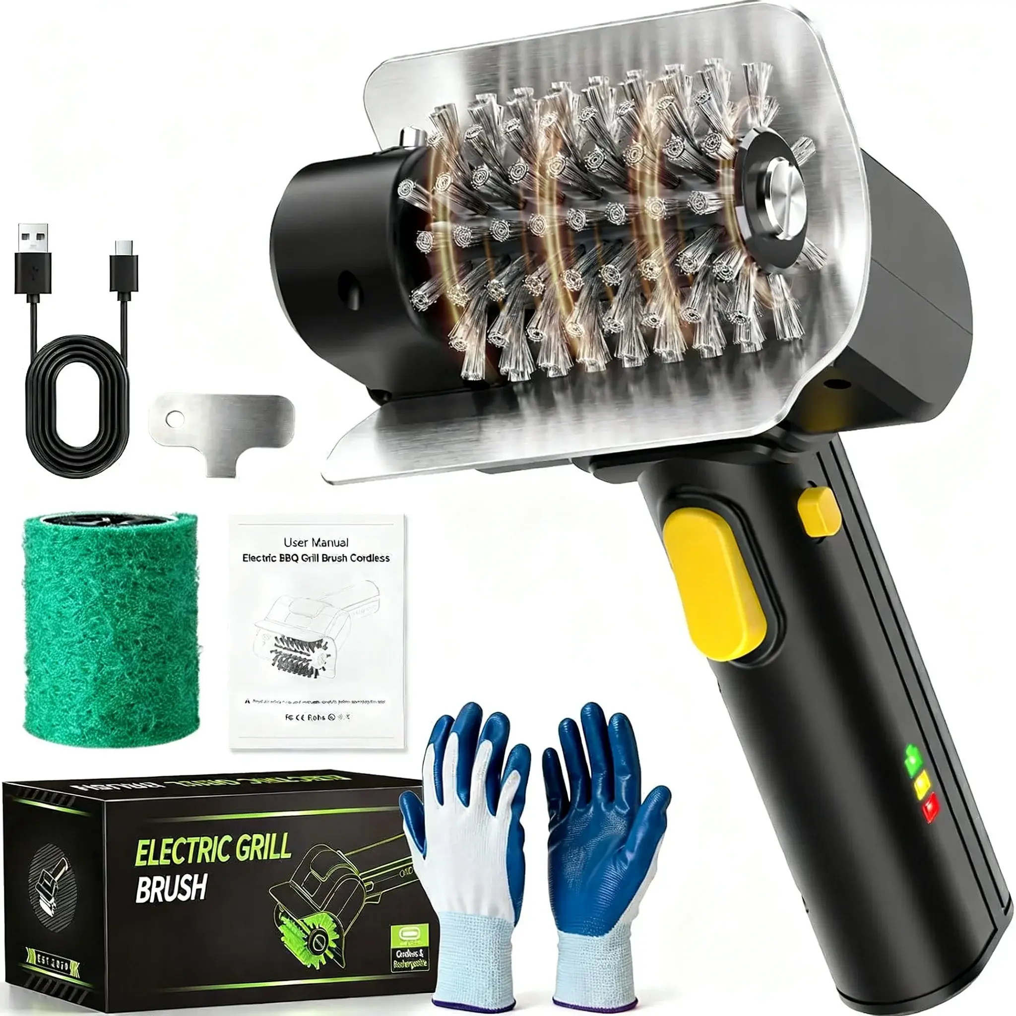 BougeRV Electric Grill Brush for Outdoor BBQ, Camping & Backyard Grilling, Cordless Rotary Grill Cleaner with Built-in LED Light, USB Rechargeable BBQ Cleaning Brush with Stainless Steel Bristles for Barbecue Grates