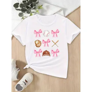 Summer Delight, soft 100% cotton girls' T-shirt with baseball, Bows & hat design-breathable short sleeve for summer fun and holiday gifts