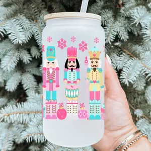 Christmas Pink Nutcracker Glass Tumbler 16oz Frosted with Bamboo Lid and Plastic Straw - Holidays Portable Lightweight Cup Reusable Mug