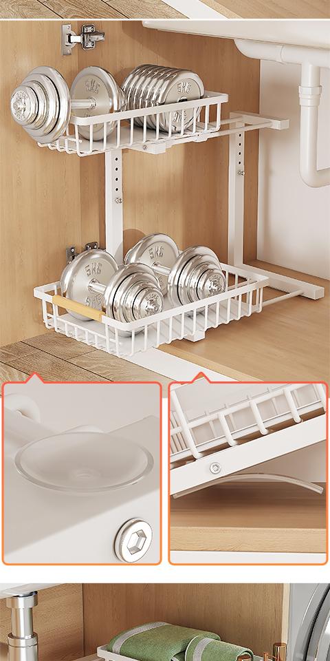 2 Pack Under Sink Organizer,Adjustable Height,2 Tier Pull Out Under Cabinet Organizer,Slide Out Thickened Metal Under Sink Storage for Kitchen Bathroom Laundry Cabinet Pantry,White,black Shelf Rack Racks