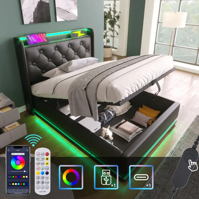 Modern Lift Up Storage Bed Twin, LED Bed Frame with Charging Station, PU Leather Upholstered Twin Platform Bed with Wingback Headboard, Remote Control, Heavy Duty Wooden Slats, No Box Spring Needed (Black)