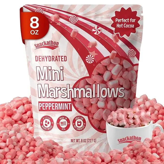 Snackathon Peppermint Mini Dehydrated Marshmallows – 8 oz Resealable Bag (Crunchy Topping for Hot Chocolate, Baking & Desserts)