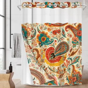 1pc hookless shower curtain with buckle lining, orange, blue and yellow floral paisley pattern 2D flat print, fabric waterproof lining, see-through double-layer shower curtain, 71 x 74 inches, modern home draping.