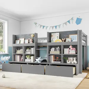 [Bellemave]Twin/Twin XL Size Loft Bed with Multi-storage Shelves and Storage, Low Loft Bed with Curtain under the Bed and Chalkboard, No Box Spring Needed, Gray