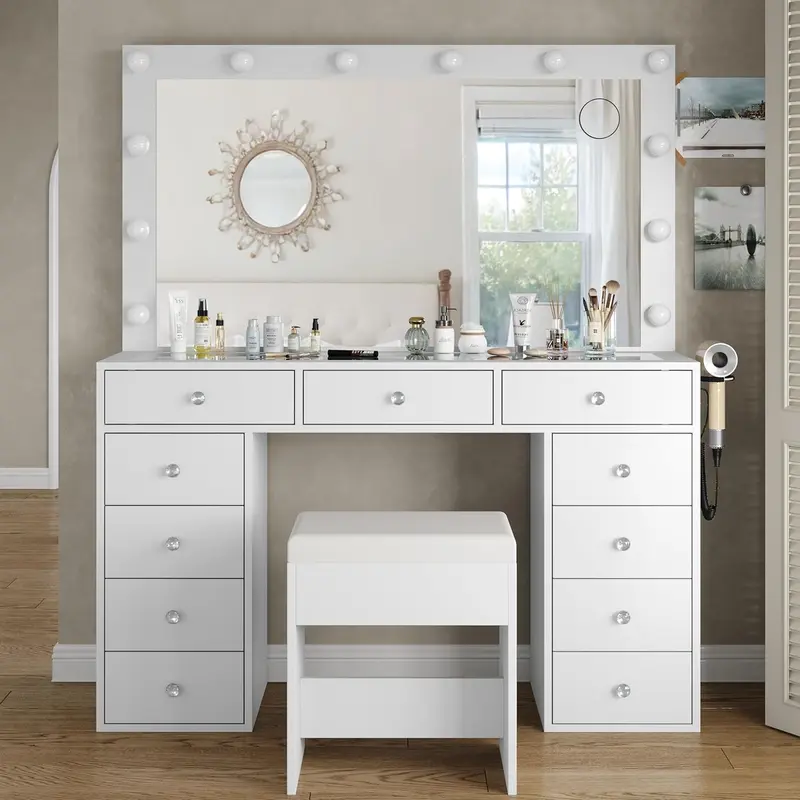 FUSOU 47" Vanity Desk with Glass Top & Power Outlets, Makeup Vanity with Mirror & 12 LED Lights [Shipping by 2 Packages]  11-Drawer Makeup Table with Chair, 3 Lighting Modes Brightness Adjustable, White