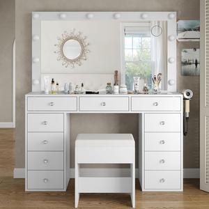 FUSOU 47"W 11 Drawer Vanity Desk with Power Outlet [Shipping by 2 Packages] Makeup Vanity with Mirror and 12 LED Lights, 3 Lighting Modes, Vanity Table with Chair, Glass Top, Dressing Table for Bedroom,Dressing Room,Deals For You Days