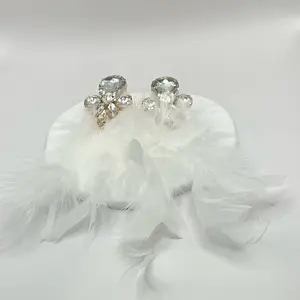 White Feathered and Gem Earrings with Large Clear Crystal Studs Light and Fun Design