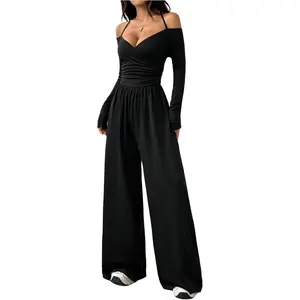 Women's Wide Leg Jumpsuit Halter Off the Shoulder Long Sleeve Ruched Baggy Pants Romper