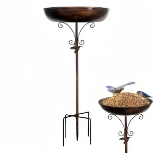 2-in-1 Bird Feeder & Bird Bath  Vintage Iron Ground Spike Design Weatherproof Metal Garden Yard Lawn Patio Outdoor Decoration