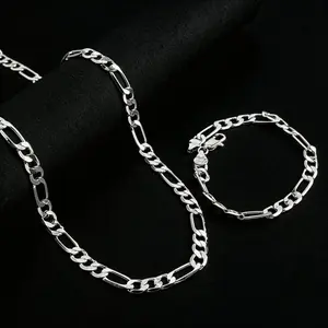 Elegant 925 Sterling silver plated 4mm/6mm Triple Figaro Cuban Link Chain Necklace set- Hypoallergenic, Tarnish-Resistant, Ideal For Parties & Gifts, Versatile Accessory|Stylish Cuban Link|Durable Chain Design