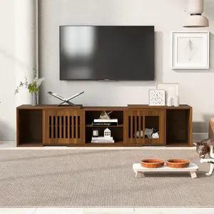 Mid-Century Morden Walnut Tv Stand With Extendable table Soft cushion Sliding door, Open Storage Compartments,Farmhouse Entertainment Center with Grille Doors, Media Console with Adjustable Shelves for Home Office & Living Room, Brown,Cat friendly