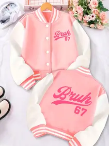 Girls' Short Baseball Jacket, Sweet Colorblock Design, Casual Fitted Outerwear for Ages 4-14, Spring & Fall Fashion