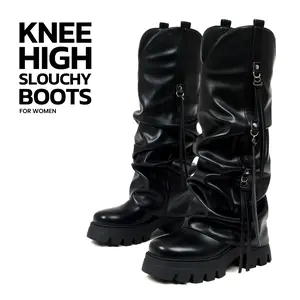 Knee High Slouchy Boots For Women Round Toe Chunky Block High Heel Pull On Wide Calf Tassel Boot Fashion Dress Party Date Fold Over Tall Boots Deals For You Days