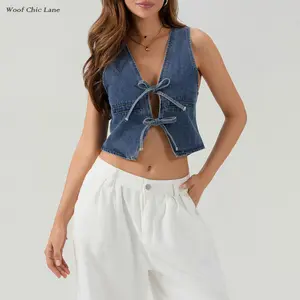 Women's Blue/White Denim Drawstring Crop Vest - SleevelessFit V-Neck Bow Tie Denim Tank Top, a Y2K Street Style Summer Must-Have (S-XXL)