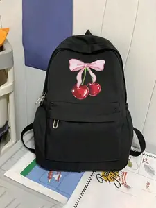 Casual Backpack with Heart-Shaped Cherry Bow, Ample Storage Space, Suitable for Men and Women, All Seasons Use