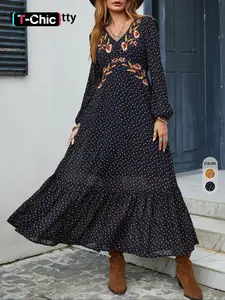 Women's Boho Flroal Embroidery Ruffled Hem V Neck A Line Fitted Woven Dress, All Over Print Bishop Sleeve Midi Dress for Spring & Fall, Women's Casual Clothing for Daily Wear