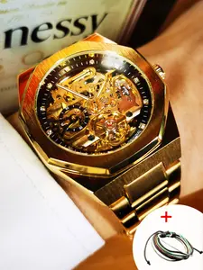 1pc Fashion Tourbillon Skeleton Automatic Mechanical Watch for Men Luminous Hands Top Brand Stainless Steel Strap Business Casual Mens Watches Luxury Wristwatches Gifts