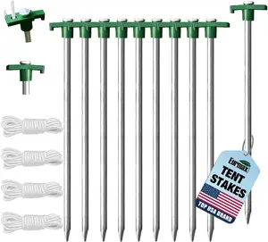 Galvanized Steel Tent Stakes 10 Pack 10 Inch Heavy Duty Canopy Anchors with 4 x 10 ft Ropes and Green Stopper