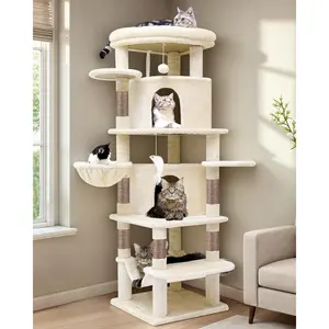 Corner  Tree for Large Cats, 66inch Tall Curved Series Large  Tower for Multiple Indoor Cats with 6  Posts, 2 Spacious  Condos, Hammock,  Basket, C66, Beige