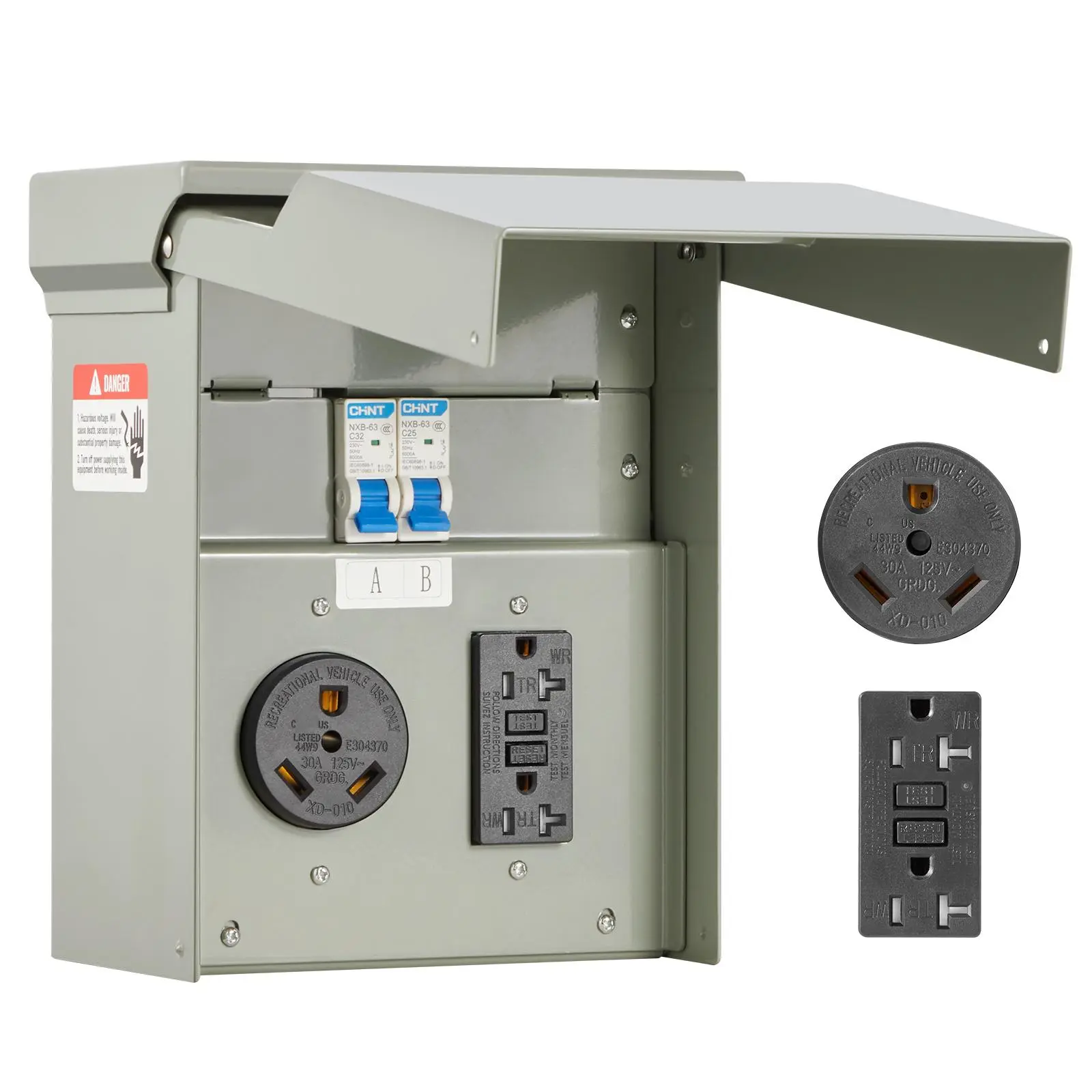 【toolupgrade】VEVOR Temporary Outdoor Power Outlet Panel, Pre-Wired IP54 Weatherproof Box with NEMA 30A GFCI & 20A Receptacle, Plug for 30a Motorhome Use, Construction Sites Multi-Outlet Sockets