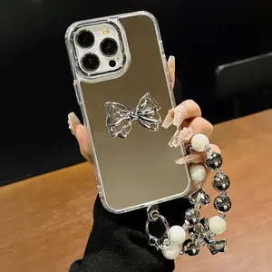 Bowknot & Chain Design Phone Case with Beaded Chain, Creative DIY Plating Phone Protective Cover, Phone Accessories Compatible with iPhone 11 12 13 14 15 Pro Max