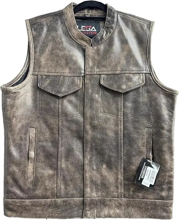 Men's Vintage Handcrafted Brown Distressed Leather Vest – Genuine Cowhide, Concealed Carry Pockets, Multi Pocket Biker Western Style vest