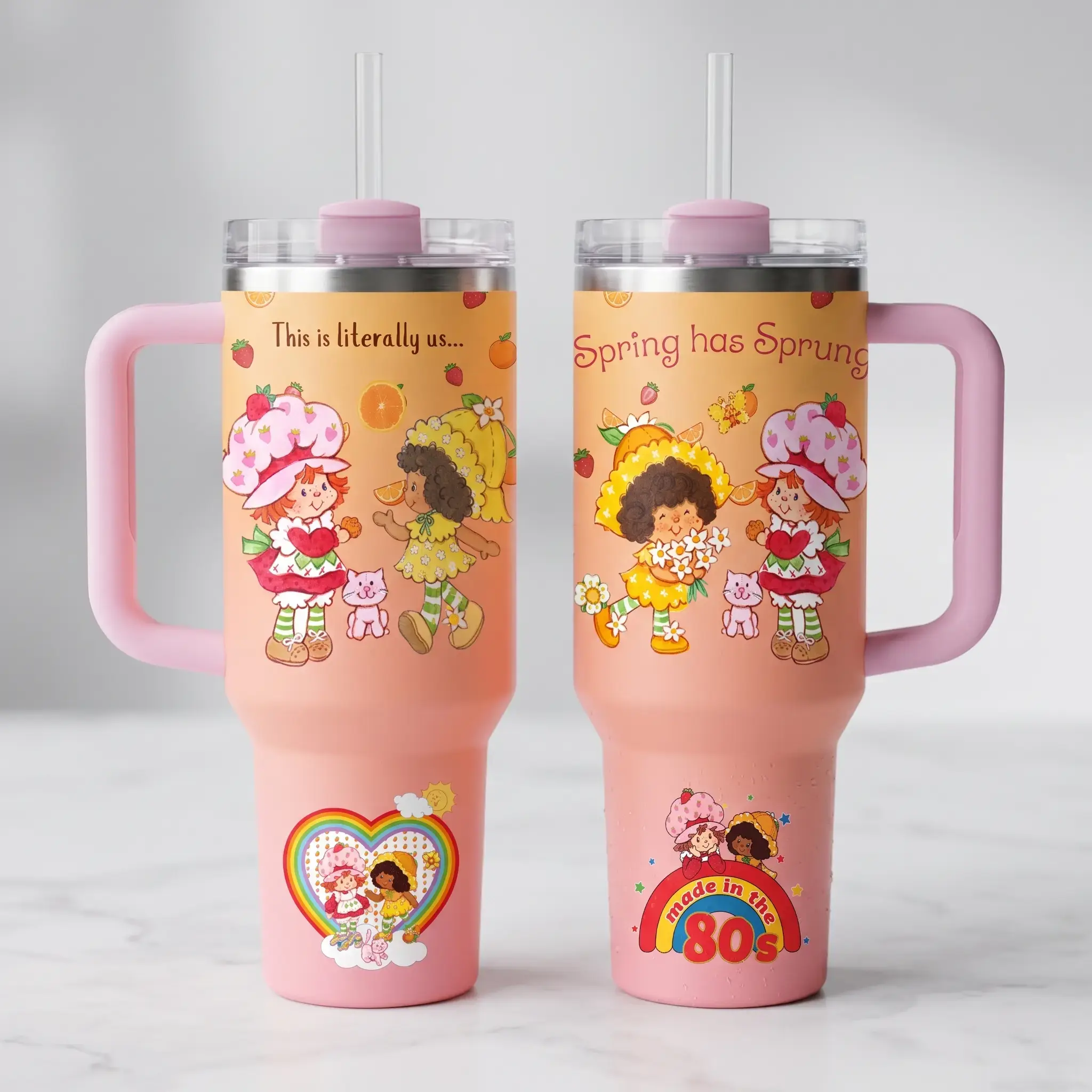 Strawberry Shortcake & Orange Blossom Retro 80s Cartoon Insulated Stainless Steel Flask - 500-1000ml Kitchenware Drinkware, Reusable Tumbler with Lid, Straw, Handle, Insulation, Gift Idea for Retro Cartoon Fans