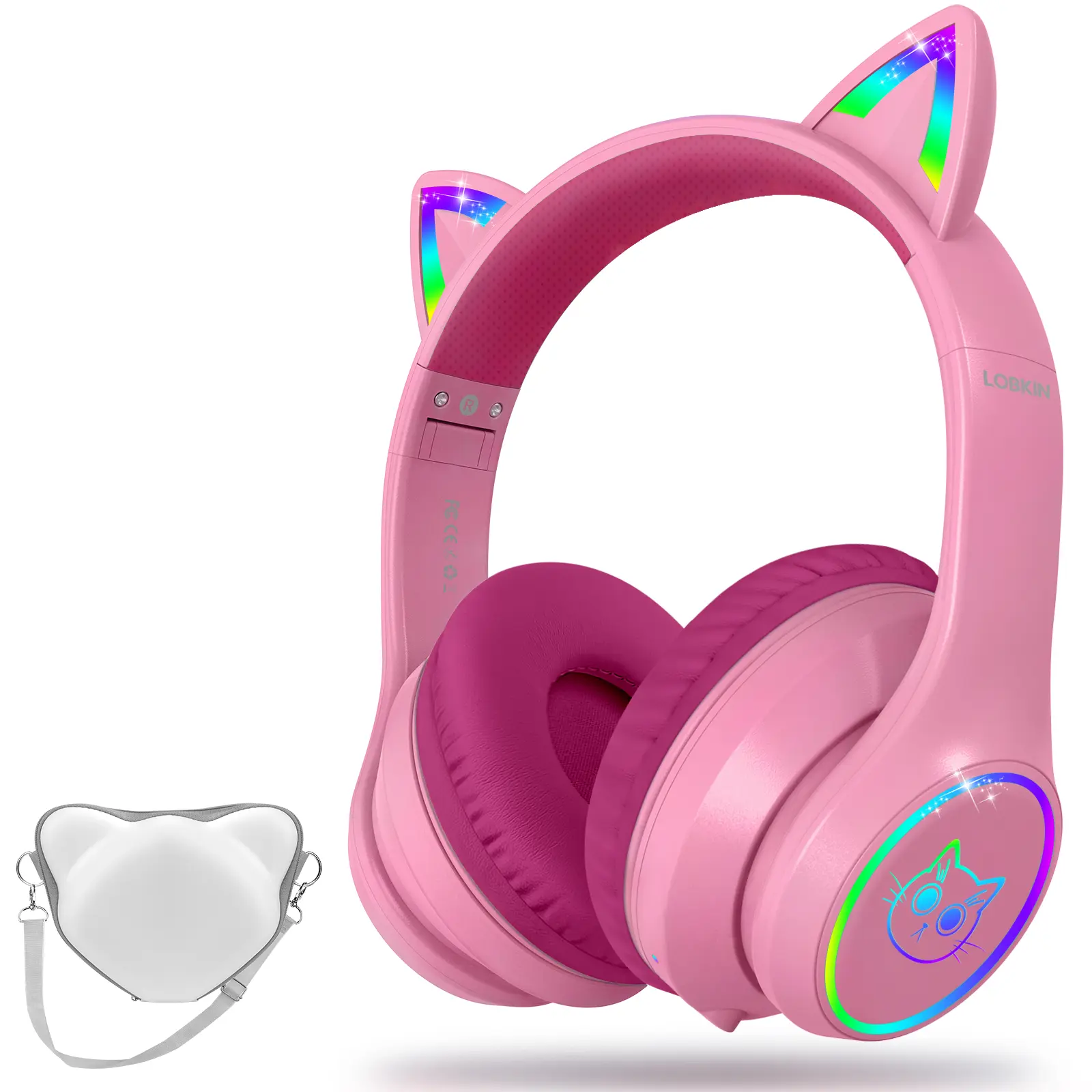 LOBKIN Bluetooth 5.4 Electronic Kids Over Ear Headphones with Sponge Pads, RGB LED Cat Ears, Folding Adjustable Design, Case, Dual Connection (Wireless/Wired 3.5mm) for Boys & Girls