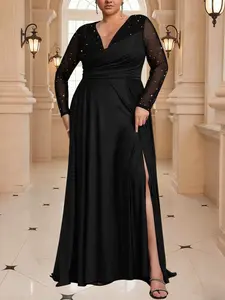 Plus Size Women's Elegant Black Low-Neck Long Sleeve Evening Gown with Sequin Overlay & Smock Neckline Floor-Length Formal Party Wedding Gala Dress Hand Washable All-Season Structured Fit