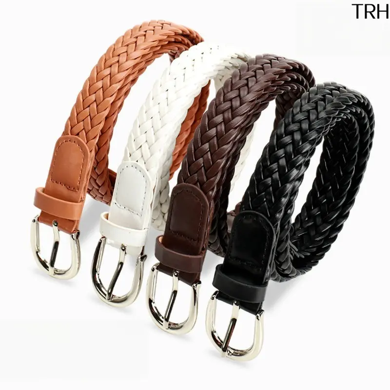 Women Woven PU Leather Belt Pin Buckle No‑Hole Adjustable Braided Waistband Anti‑Scratch Alloy Buckle Slim Casual Business Waist Strap 4 Colors Decorative Belt for Jeans Dresses Daily Office Dating Travel Outfit Accessories