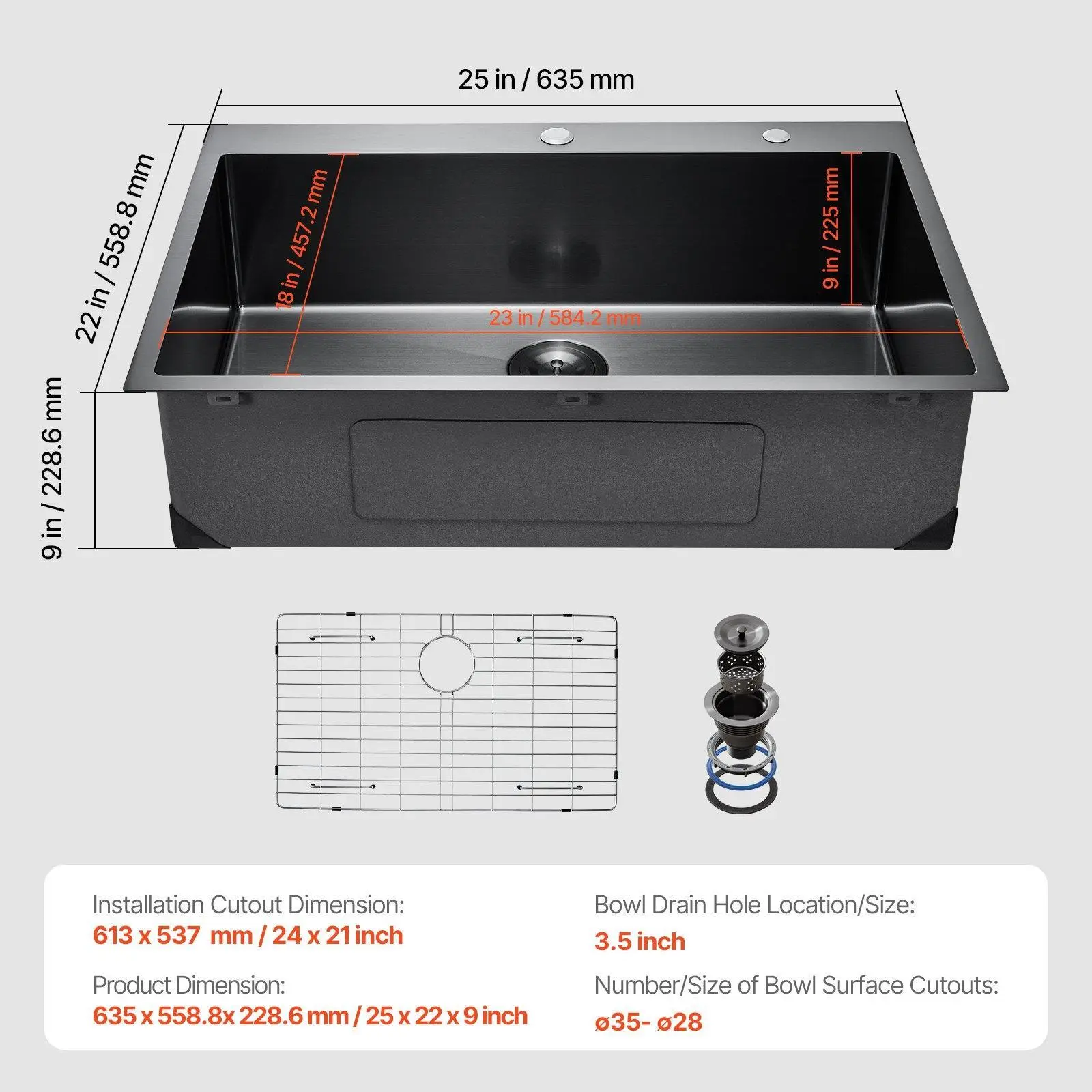 25 inch【Stepless】Top Mount Basin