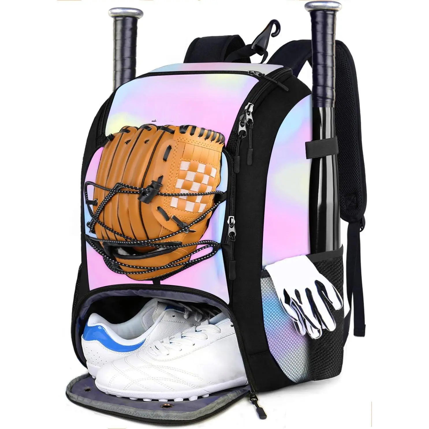 Baseball Backpack, Softball Bat Bag with Shoes Compartment for Youth, Boys and Adult, Lightweight Baseball Bag with Fence Hook Hold TBall Bat, Batting Mitten, Helmet, Caps, Teeball Gear