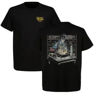 WORKED TO DEATH Welder Skeleton Workshop Fabricator T-Shirt Funny Blue Collar Welding Sparks Grinder Humor Graphic Tee Black