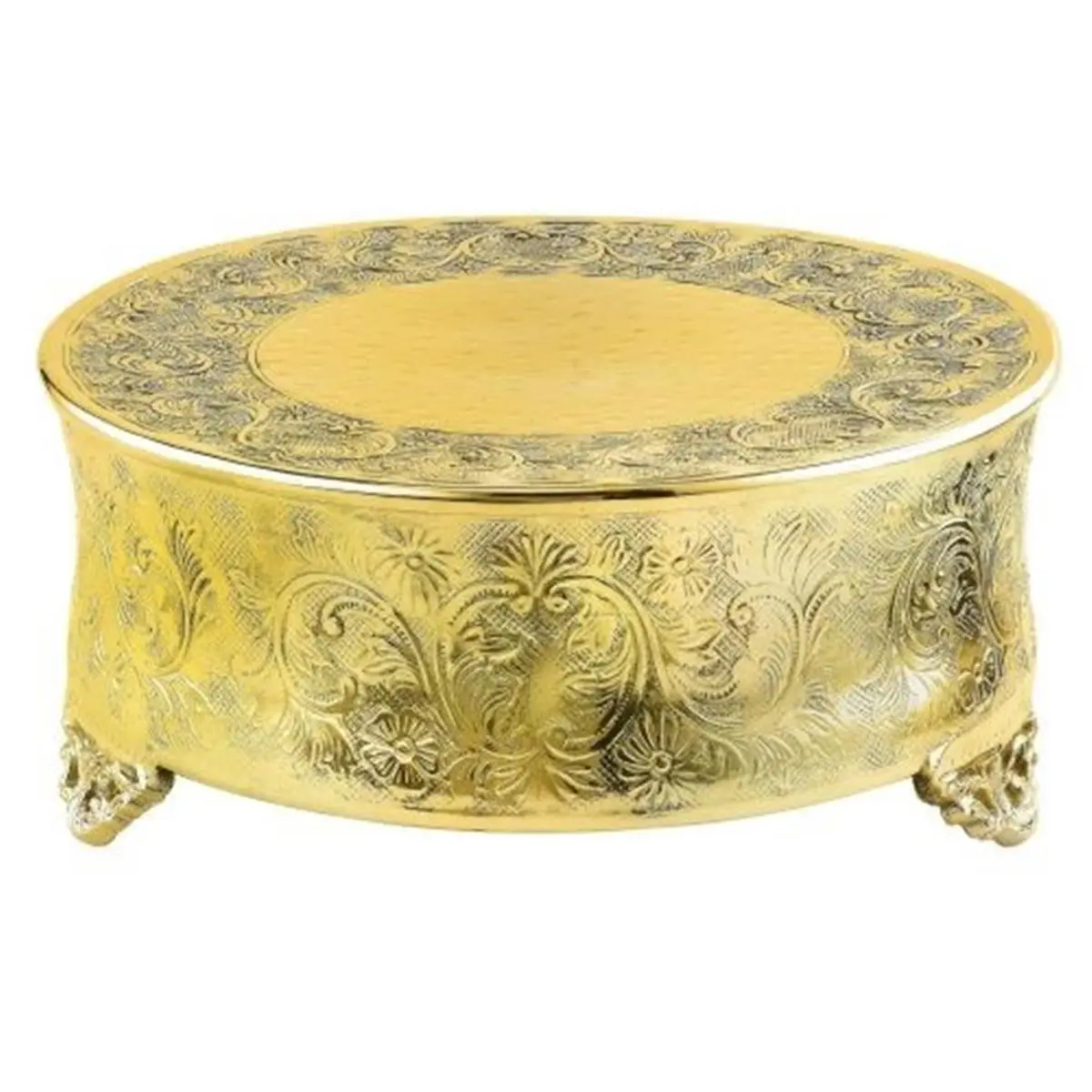 212 MAIN 14" Ornate Gold-Plated Round Plateau Stool - Indoor Furniture, Footstool for Living Room Use, Size 14"