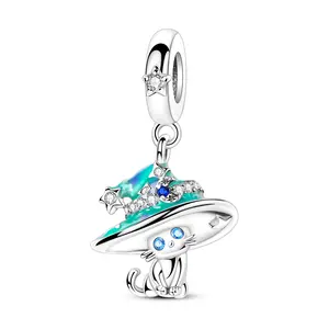 MULA Luminous Magic Cat Charm - 925 Silver-plated Enamel Kitten with Witch Hat and CZ, Compatible with Pandora Bracelets, Halloween Christmas Gift for Women Girls