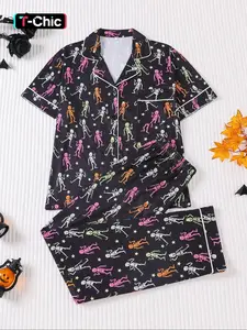 2 pieces of women's Halloween skull print knit short sleeved fitted pants pajama set with top pockets suitable for all seasons, fashionable, comfortable, elegant, casual home wear and loungewear, Nightwear, Homewear Pjs