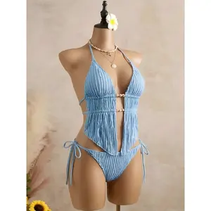 Women's Stretch Solid Beachy Bikini Set - Composite 2-Piece Knit Halter Neck, Fitted Backless Ruched, Sports & Outdoor Swimwear, Beachy Bikinis Set, Composite 2-Piece Bikinis Set