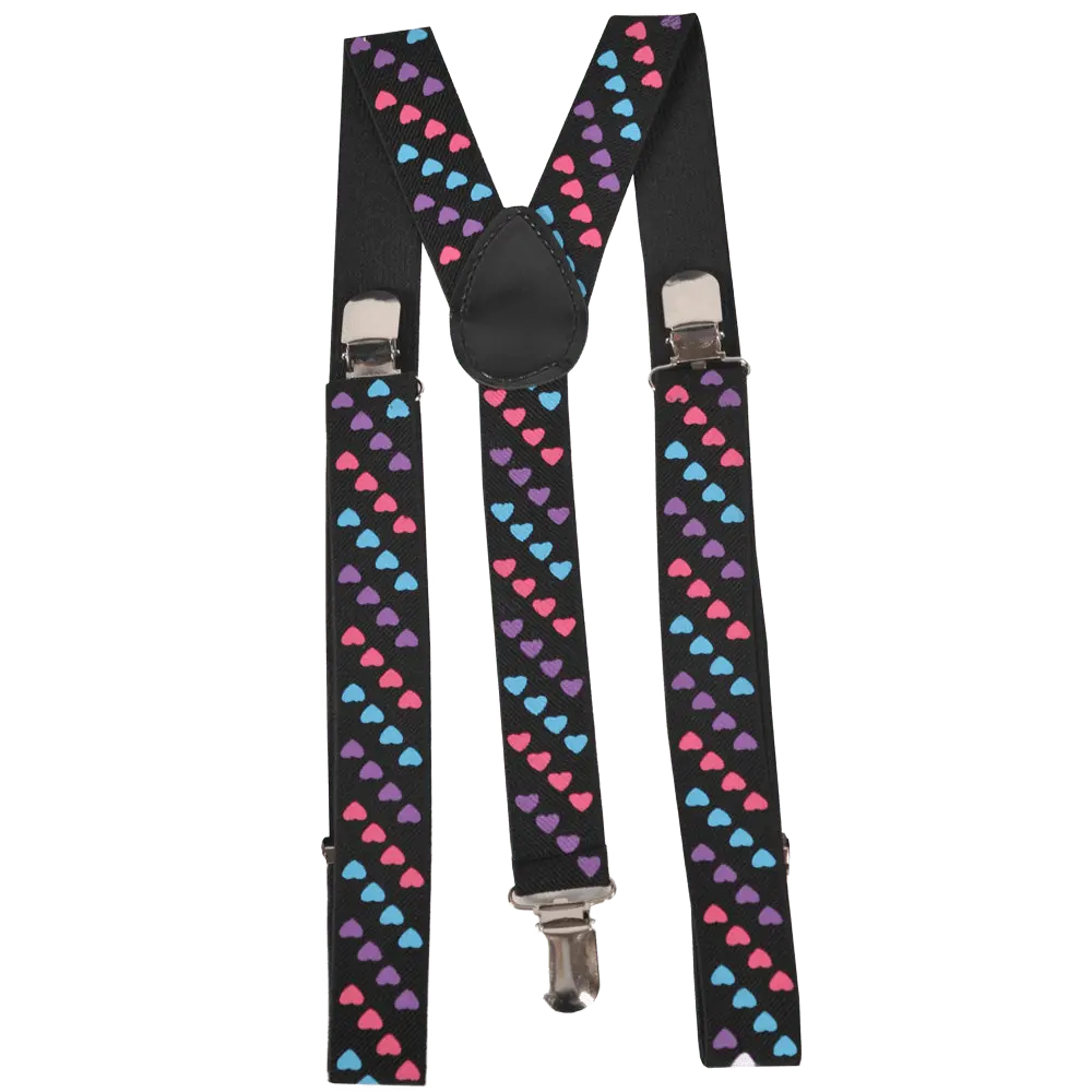 Tri Colored Heart Suspenders | Adjustable Y-Back Suspenders with Silver Clasps for Men, Women & Teens - Party Dress Up Costume Accessory - Unisex Fashion