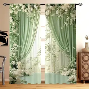 2-piece set, mint green floral, printed semi-transparent curtains, pole bag hanging, eco-friendly style. Suitable for living room, bedroom, home decoration. Hand washable, hookless. Home Textile