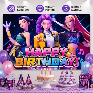 Birthday Decorations, 5x3ft Demon Hunters Happy Birthday Banner Backdrop for Kids Birthday Party Supplies, Anime Theme Party Wall Decor, Photo Booth Background, Cake Table Decoration and Indoor Outdoor Celebration