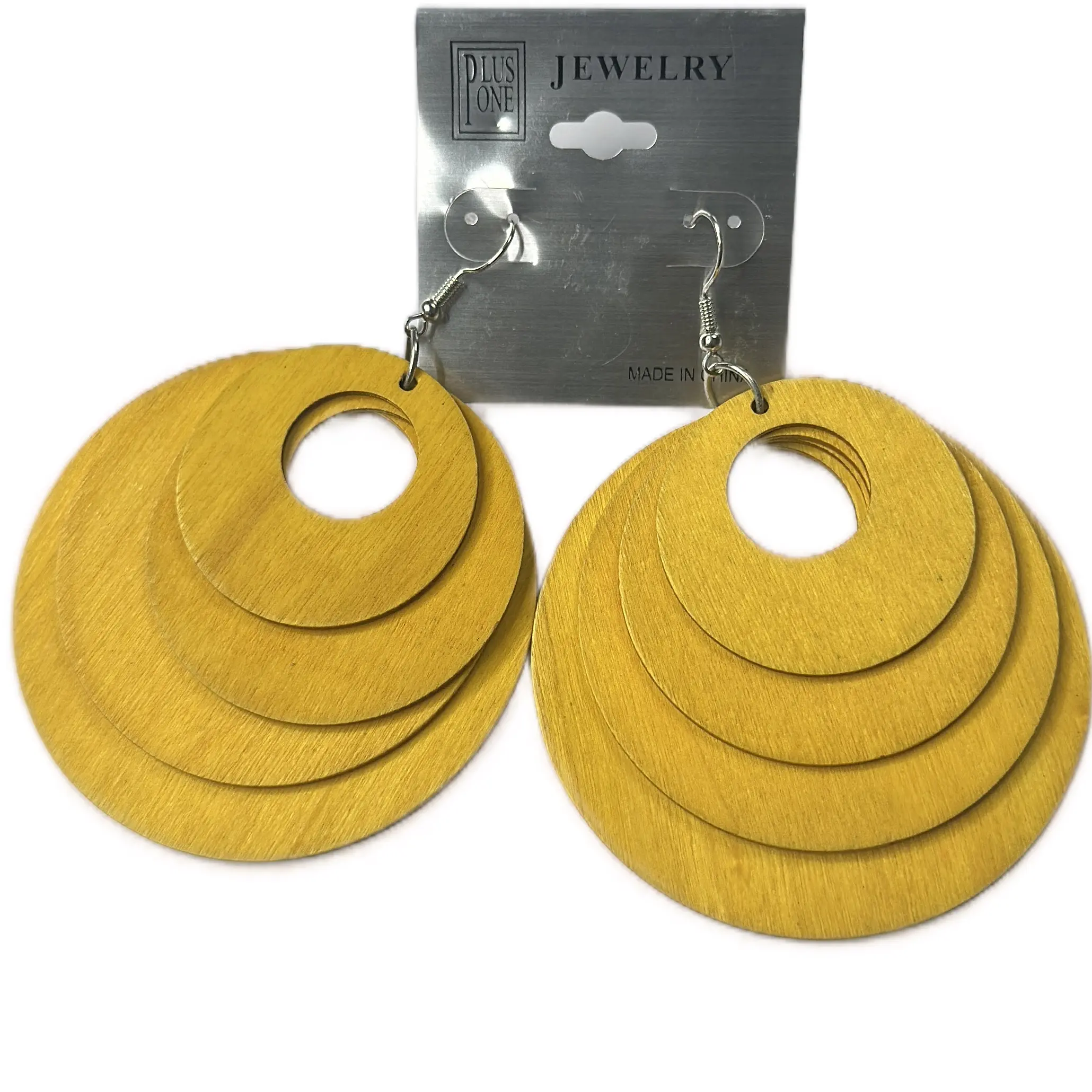 Wood Round Circular Four Stack Ethnic Earrings