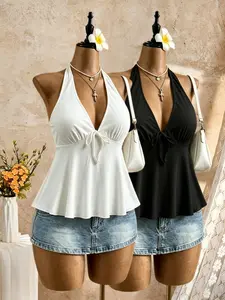 Y2K Sexy Halter Neck Top Set, Deep V Neck Ruffle Bow Strappy Shirt, Flowy Sleeveless Upper, Perfect for Beach Parties
