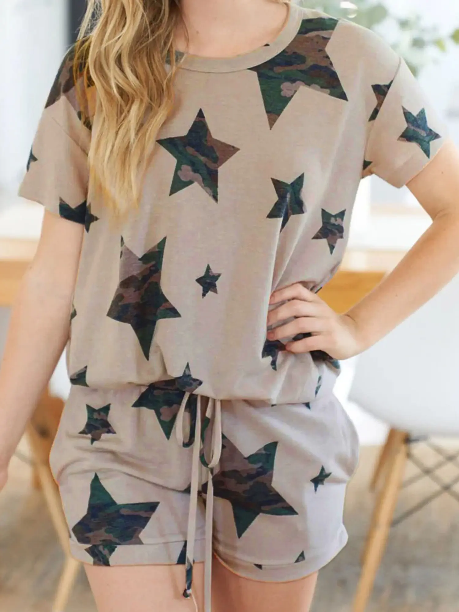 Camo Star Print Short Lounge Set,  Soft Fabric Ensures Breathable Wear for Lounging or Sleep.