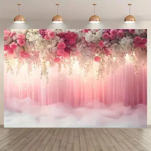 Flower Pattern Wedding Decoration Banner, 1 Count Romantic Photo Props Background Cloth, Indoor & Outdoor Home Background Decoration, Ornaments, Wedding Arched Backdrop