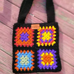 Handmade Granny Square Bag with Colorful Floral Patterns and Black Handles Called For You Brand