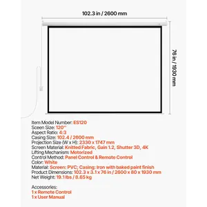 VEVOR Motorized Projector Screen, 120 inch 4: 3 1080 HD Electric Projector Screen, Wall Mounted Projection Dispaly Projector with Remote Control, Automatic Movie Screen for Family Home Office Theater