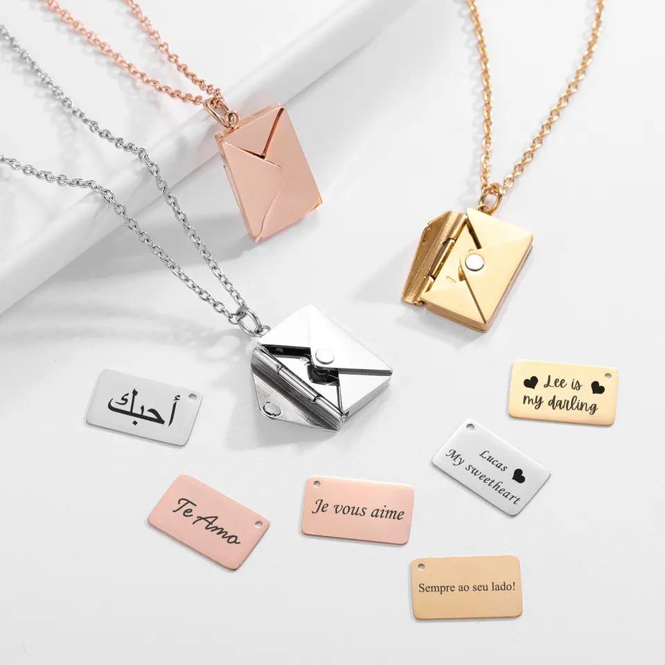 Personalized Stainless Steel Envelope Necklace with Customizable Message Tags